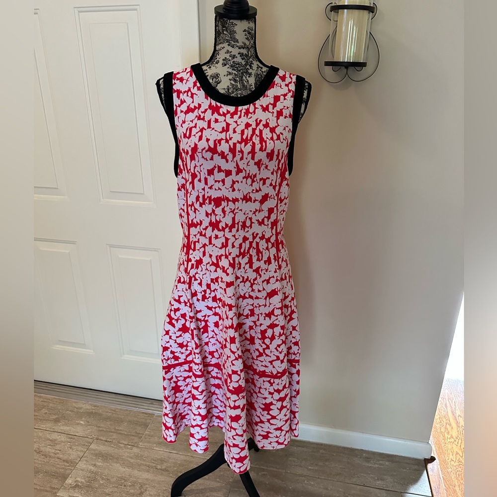 kate spade Pink and White Sleeveless Fit-and-Flare Dress with Black Trim